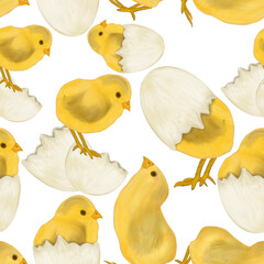 Hand drawn happy Easter eggs and chicken graphics in watercolor 