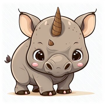 recommend clip art:  a cartoon rhino with a horn on its head and a pink nose and a black nose, standing in front of a white background with a shadow of the rhino's head, with a.  generative ai