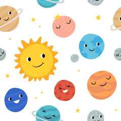 Naklejka premium Cute planets of Solar system with happy faces. Funny celestial objects in outer space. Pretty astronomical bodies orbiting Sun. Astronomy for children. Childish flat cartoon vector seamless pattern.
