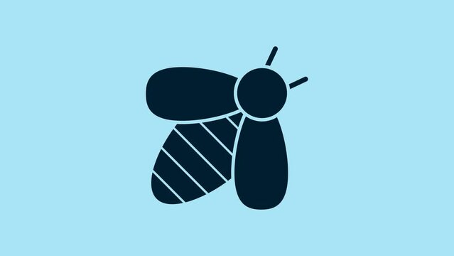 Blue Bee icon isolated on blue background. Sweet natural food. Honeybee or apis with wings symbol. Flying insect. 4K Video motion graphic animation