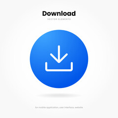 3D download icon button. Upload icon. Download symbol, sign. Down arrow bottom side symbol. Save cloud icon push button for ui ux website mobile app