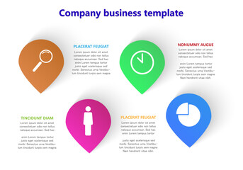 Vector infographic illustration with four color pointers and business icons on white background