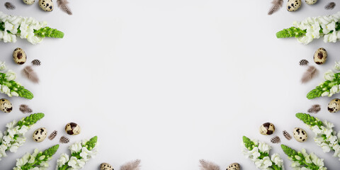 Easter holiday banner mockup. Natural quail eggs and feathers with white flowers and green leaves on light grey background. Eco concept. Spring holiday composition. Top view, copy space, flat lay.