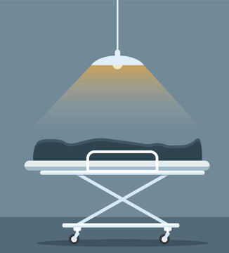 Interior Of Morgue. Dead Bodies Laying In The Mortuary.Mortuary Room 2D Cartoon Interior With Wheeled Bed And Equipment For Autopsy And Embalming On Background. Flat Cartoon Vector Illustration