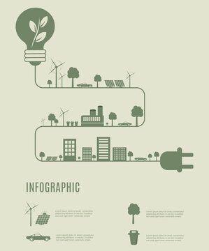 ecology concept infographic. Alternative energy, sustainable eco system, renewable sources, wind turbine, solar panels, green economy and recycling of toxic waste