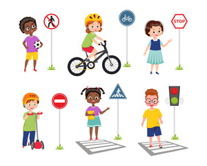 Cute smiling Boys and Girls Learning Traffic Rules, Road Education, Rules. Children safety in Traffic Vector Illustration
