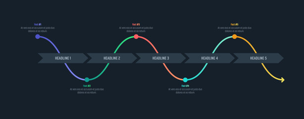 Dark process Infographics with crossing lines. Five steps and colorful elements. Thin line vector icons. Data graphs for flow charts, presentations and UI