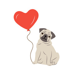 Card of a Valentine's Day. Pug Dog with heart balloon. Vector illustration.