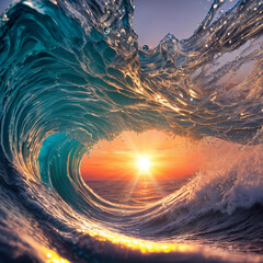 Beautiful sunset wave vibrant translucent color nice clear water splashes with foam and drops - 565127564