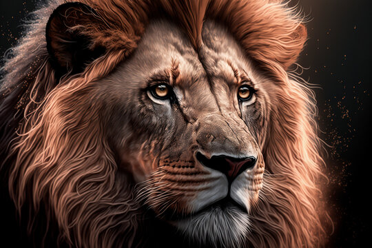 Lion as a symbol of King, power, strength, powerful, leader, strong. Conceptual representation of a lion. Creative image. Generative AI.