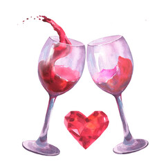Watercolor illustration two glasses with red wine splash with heart diamond crystal in pink colored gemstone, isolated on white background. For Valentine's Day, Mother's Day cards, gifts, design.
