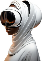 A beautiful African girl with a VR headset and white hijab, without background | Generative AI Production