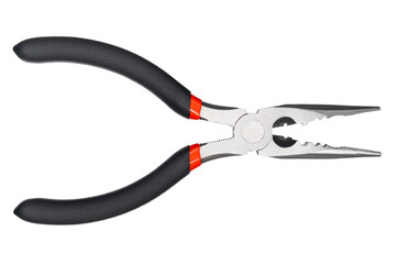 Needle nose pliers. Wire cutter or flush nippers. Universal long nose pliers for electric wire. Professional tools for metal construction. Mechanic instrument for workshop, repairing works.