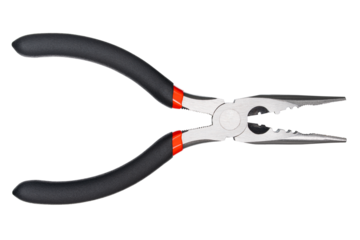 Needle nose pliers. Wire cutter or flush nippers. Universal long nose pliers for electric wire. Professional tools for metal construction. Mechanic instrument for workshop, repairing works.