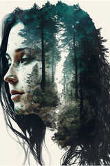 Illustration of a forest inside the silhouette of a womans head. Generative AI.