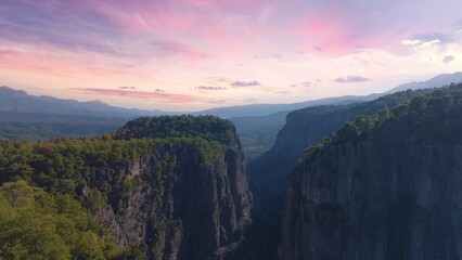 Naklejka na ściany i meble Aerial drone view of a large deep canyon. Sheer cliffs and green trees. Wildlife concept. Sunset background
