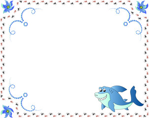 Illustration of a children's card frame with a cheerful shark and ants