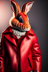 Portrait of a cute red rabbit in a jacket, highly detailed, striking features, studio lighting, fine art photography, warm lighting - generative ai 