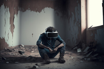 Fototapeta premium Generative AI of Depressed man wearing a VR headset in a post apocalyptic room: A Futuristic Look at the Damage of Addiction and Dependence to corporate owned technology 
