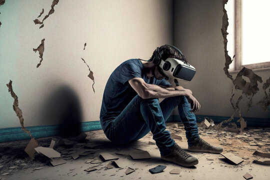 Generative AI of Depressed man wearing a VR headset in a post apocalyptic room: The Generated Despair of a technology Junkie in a Wrecked and Deserted World