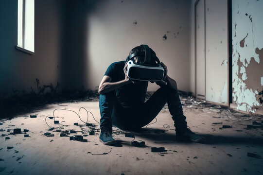Generative AI of Depressed man wearing a VR headset in a post apocalyptic room: The Grief and Pain of a Virtual Reality Addict in a Post-Apocalyptic World
