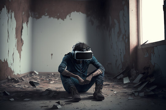 Generative AI of Depressed man wearing a VR headset in a post apocalyptic room: A Futuristic Look at the Damage of Addiction and Dependence to corporate owned technology 