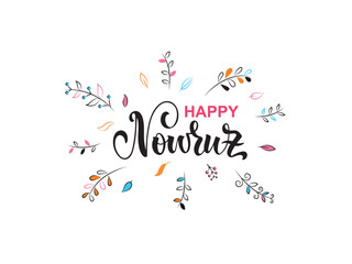 Happy Nowruz handwritten text meaning Iranian new year. Vector illustration isolated on white background. Modern brush calligraphy and leaves for holiday celebration, greeting card, poster, banner.