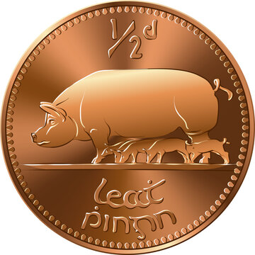 Irish money Pre-decimal gold coin Halfpenny with Pigs on reverse
