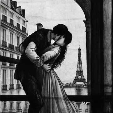 Couple qui s'embrasse &agrave; Paris avec la Tour Eiffel en Arri&egrave;re plan.