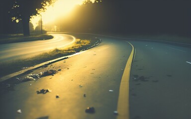 dual carriageway with beautiful golden sunset entering between the trees - obrazy, fototapety, plakaty