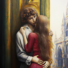 Jeune couple, elle de dos au cheveux longs et en robe rouge, qui s'enlace au pie de la cath&eacute;drale Notre Dame &agrave; Paris en France.