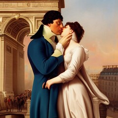 Couple habill&eacute; comme au XIX&egrave;me si&egrave;cle s'embrasse devant l'Arc de Triomphe &agrave; Paris.