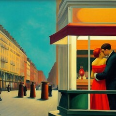 Couple qui s'embrasse dans un caf&eacute; dans une ville romantique.