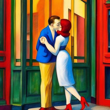 Couple qui s'embrasse devant un magasin dans une ambiance très colorée en ville.