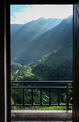 Beautiful view opening a door of a hut towards a valley in Nepal close to Annapurna Base Camp