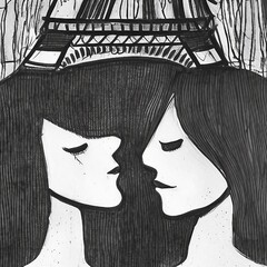 Dessin &agrave; l'encre de deux femmes , yeux clos, de profil, au pied de la Tour Eiffel &agrave; Paris.