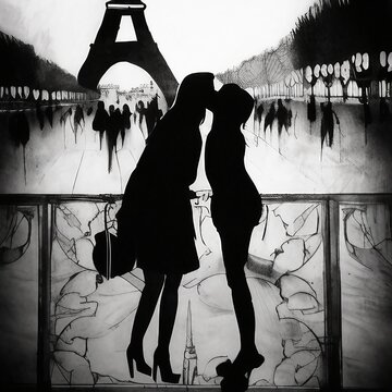 Dessin &agrave; l'encre de deux femmes vues de profil qui s'embrassent devant la Tour Eiffel &agrave; Paris.