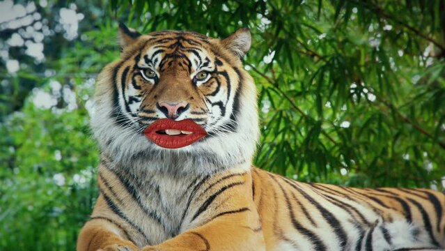 Talking Tiger Funny Face Mouth Lipstick Forest Background. Female tiger with a funny mouth wearing red lipstick talking in the forest