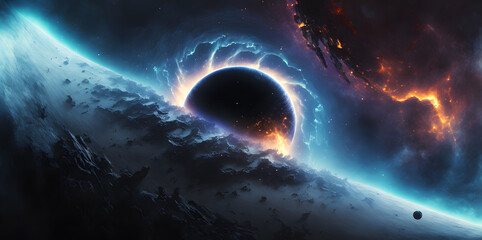 Black Hole in Space destroying a planet, panorama fantasy galaxy background, Illustration generative ai 