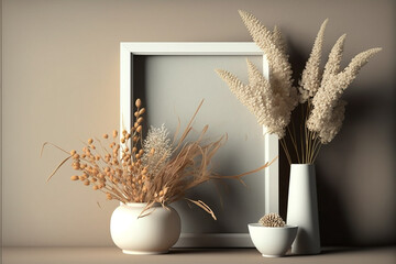 Generative Ai of a bohemian mockup with picture frame, vase and flowers