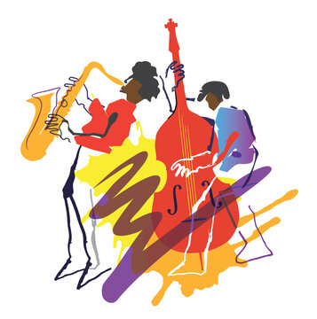  Jazz theme,Contrabass musician and saxophonist.
 Expressive Illustration of two jazz musicians. Isolated on white background. Vector available.