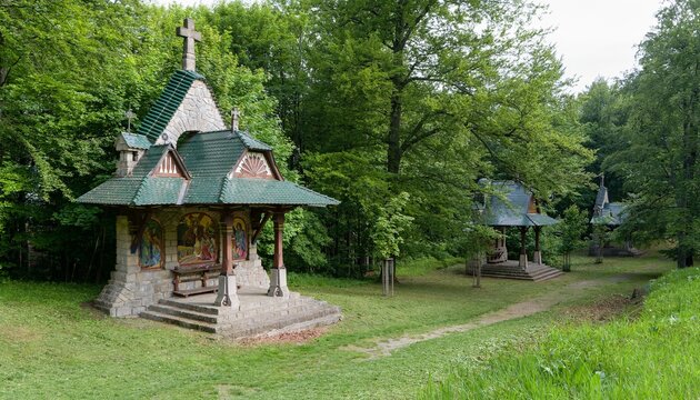 Jurkovic way of the cross. 8th to 6th stop in the spring. hostyn. eastern moravia. czechia.