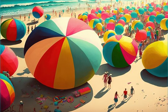  a beach with a lot of colorful beach balls and people on it and a blue ocean in the background with a sky background and a few clouds.  generative ai