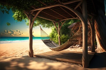  a hammock hanging from a wooden structure on a beach with a sunset in the background and a tree lined beach with a hammock.  generative ai