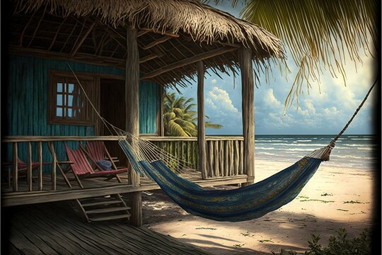  a painting of a hammock on a beach with a hut in the background and a beach chair in the foreground with a palm tree and a blue sky.  generative ai