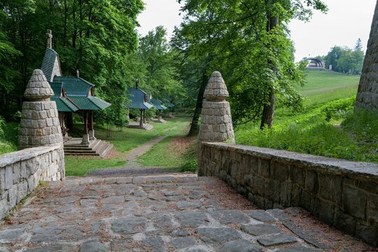Jurkovic way of the cross. view from the stairs to the 11th stop in the spring. hostyn. eastern moravia. czechia.