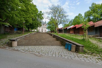 Stairs to the Basilica of Our Lady in the spring. Hostyn. Eastern Moravia. Czechia.