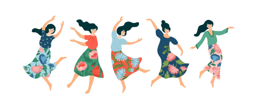 Vector isolated illustration of cute dancing women. Happyl Women s Day concept for card, poster, banner and other - Powered by Adobe