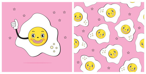 Groovy Egg Cartoon. Fuuny Vector Illustration and Seamless Pattern with Smiling Fried Eggs and Stars on a Light Pink Background. Healhy Food Print ideal for Card, Wall Art, Poster, Fabric. 