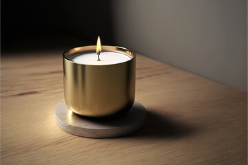 Obraz na płótnie Canvas a candle is sitting on a wooden table with a light shining on it's side and a dark background behind it, with a small round wooden base. generative ai